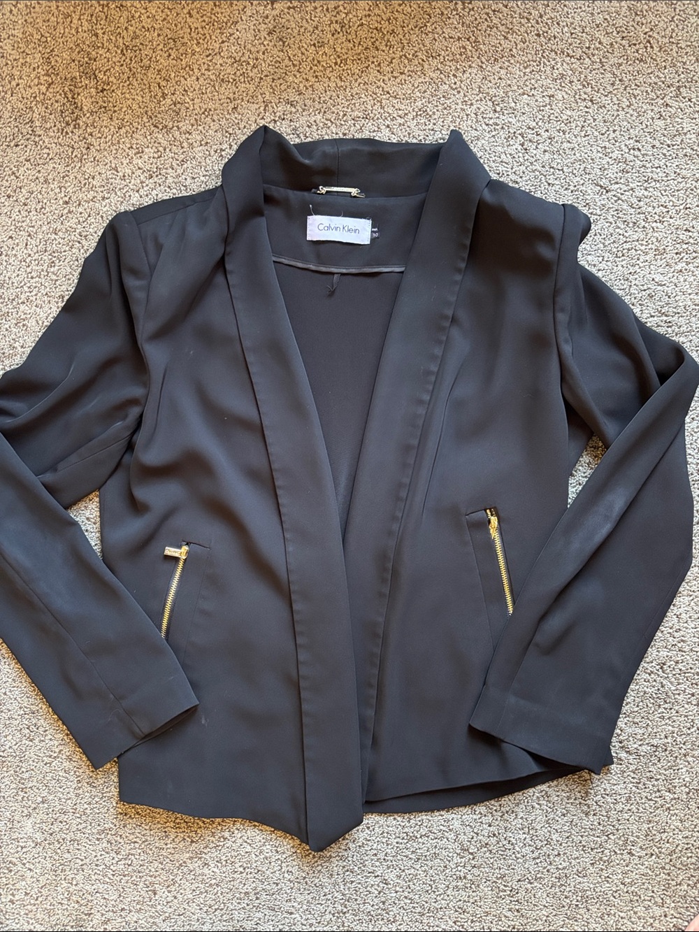Calvin Klein Black Open-Front lightweight Blazer with Gold Zippers sz 10